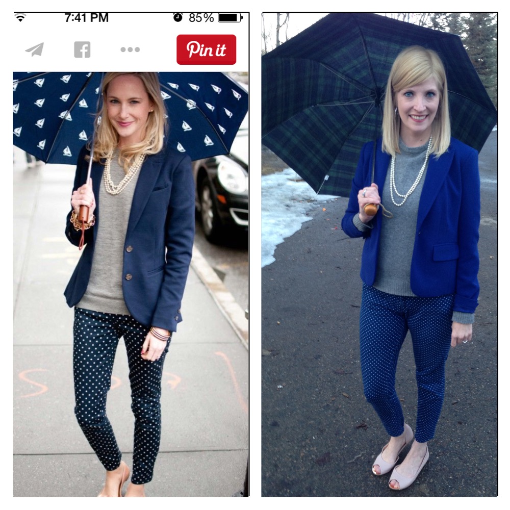 Bright blonde and blue were meant to be!  Michael Kors blazer $7, grey wool crewneck sweater $ , polka dot denim $6.40 and blush d'orsay peep toes .  The pearls and umbrella I keep lying around all the time.