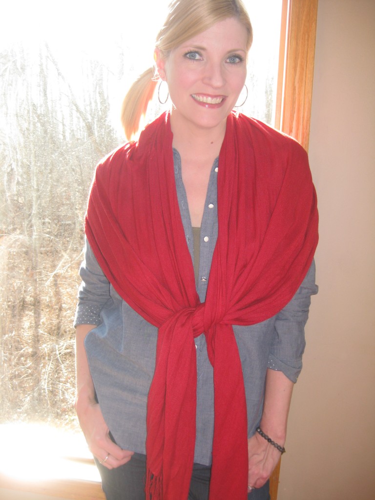 Red is a hot colour for Spring and this scarf is lightweight yet warm enough to wear as an outer layer.  