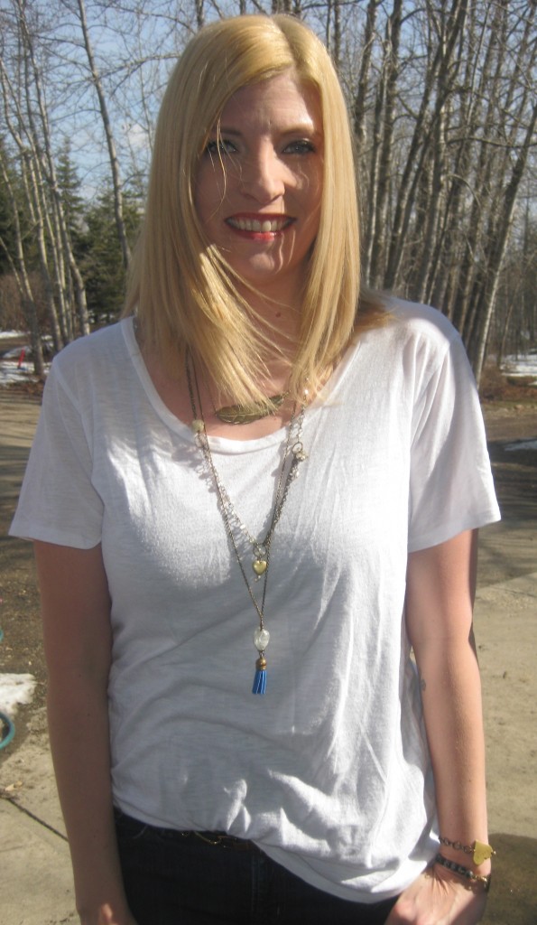 Plain white tee with layered necklaces!