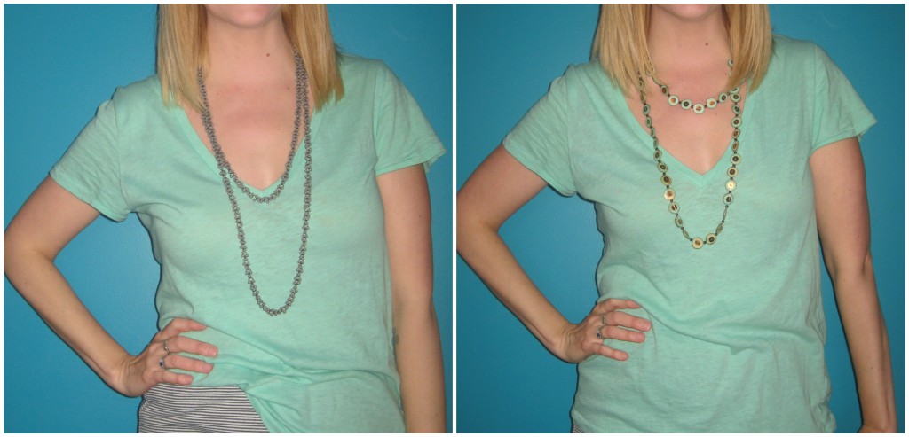This is for my friend Nadine.  You CAN wear one necklace and still get the look of two.  Boo yah.