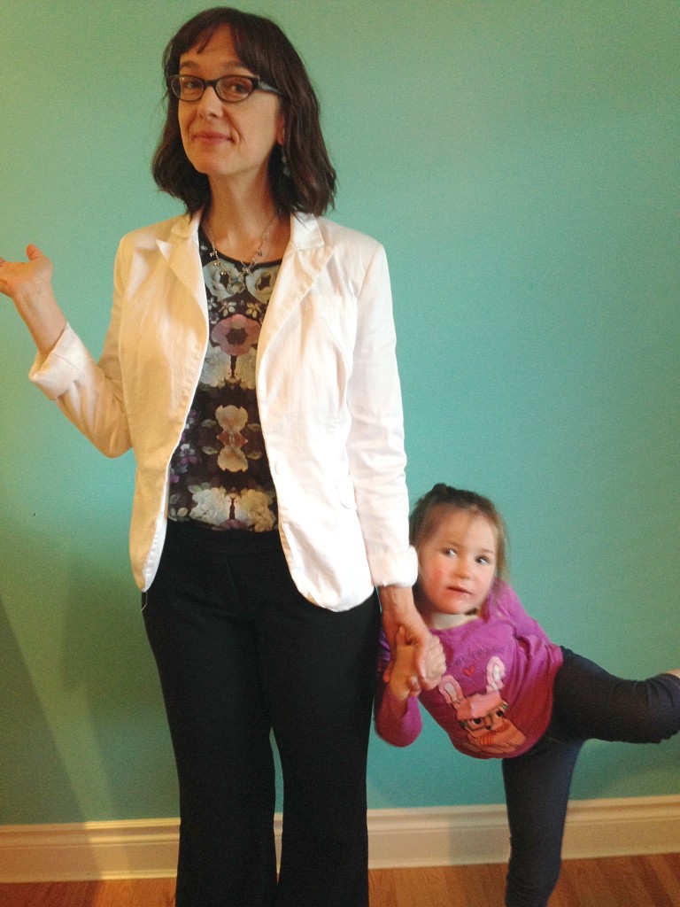 Rocking her perfect white blazer from Stasia consignment boutique.