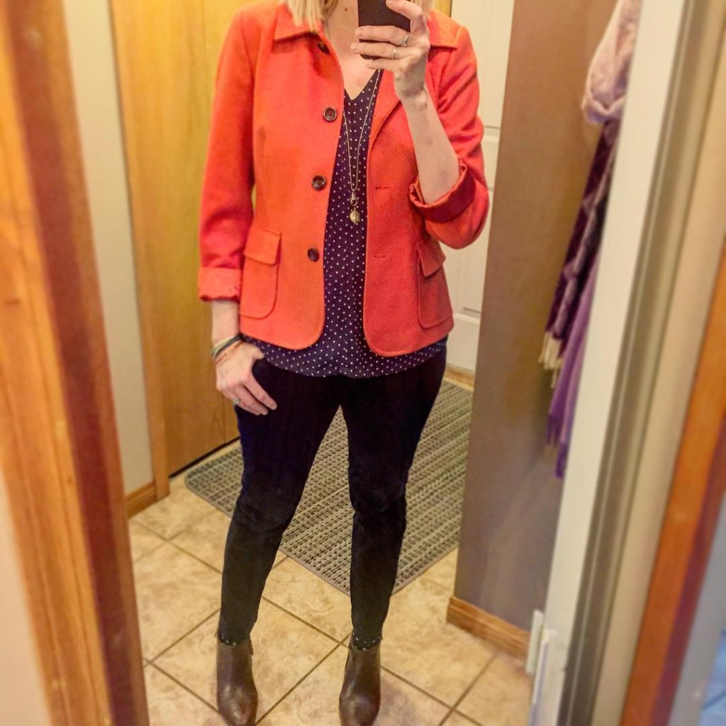 During Bright Blazer Week, I'm going for contrast...consider yourselves warned. Orange wool Banana Republic blazer $13.30, blue polka dot top $3.50, blue cords $4.20, Clarks ankle boots $10 plus accessories from La Collection de Nicole.