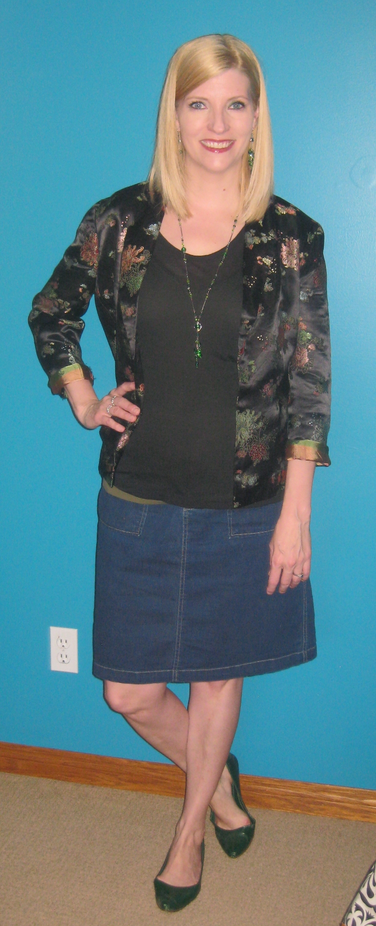 Levis denim skirt $2.50 and green pointy flats from my closet.