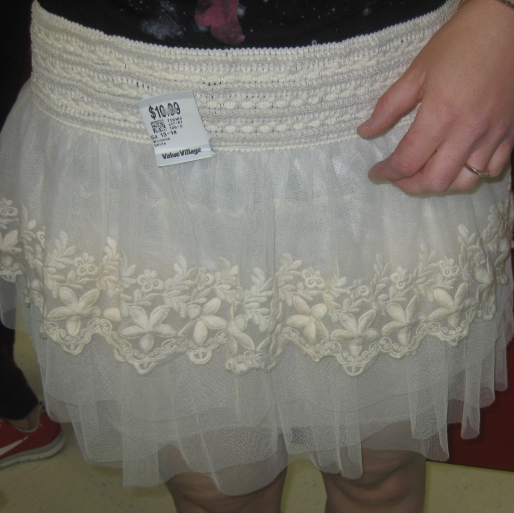 As much as Randa's finds embody her style, this skirt is the epitome of Kim!  Lacy, romantic and waiting to be worn with legging and some vintage Frye boots! (p.s., the size on the tag is way off - good reminder to look above and below your size when thrifting!)