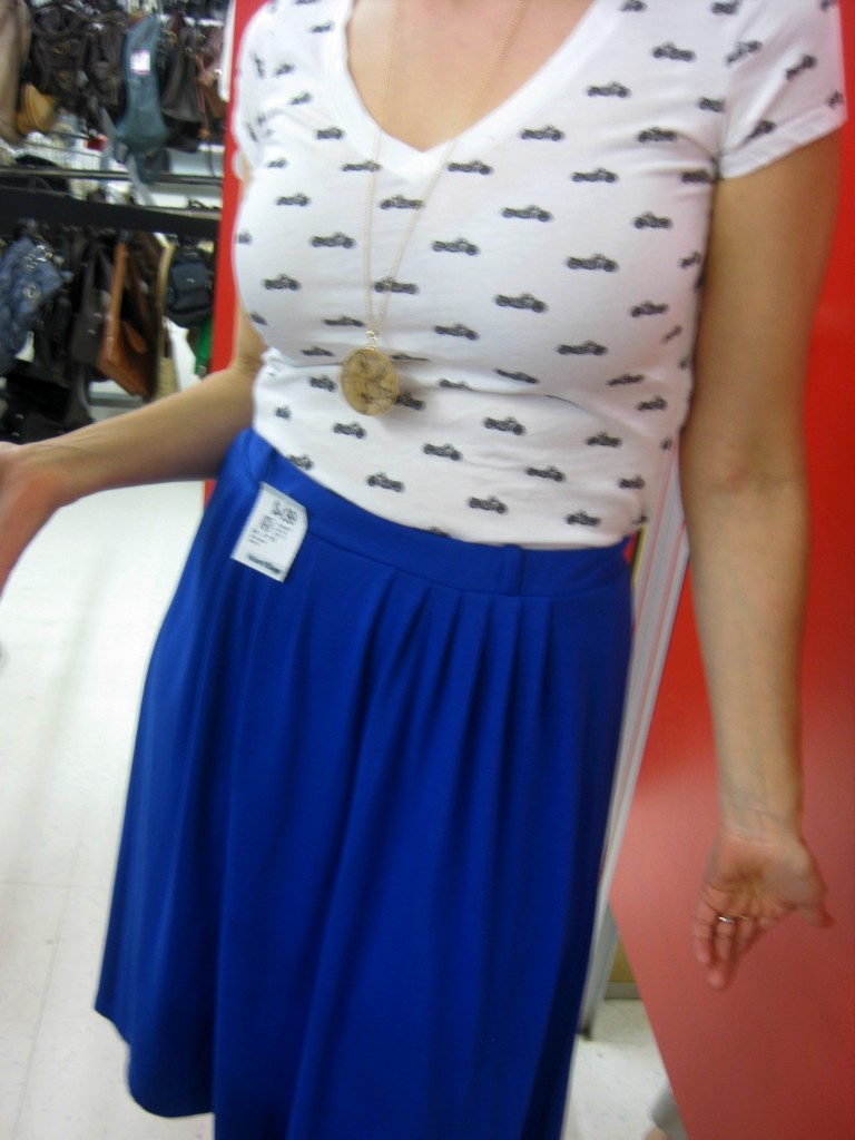 However, this cobalt blue jersey skirt is PERFECT for work and play, especially with the whimsical bicycle-print tee!
