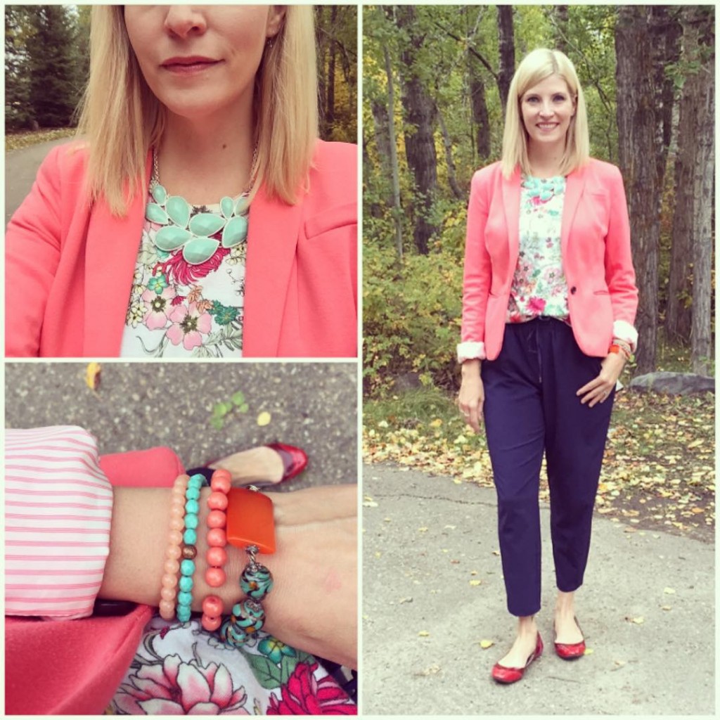 It's not that I'm not happy it's Fall, I just didn't feel like wearing Fall colours today.  Joggers $4.20 from @valuevillage_thrift, floral tee $6 from Salvation Army Thrift store, coral blazer $2 from @goodwill_ab plus shoes BT (Before Thrifting) and a mix of accessories from @shedoescreate and thrifted.