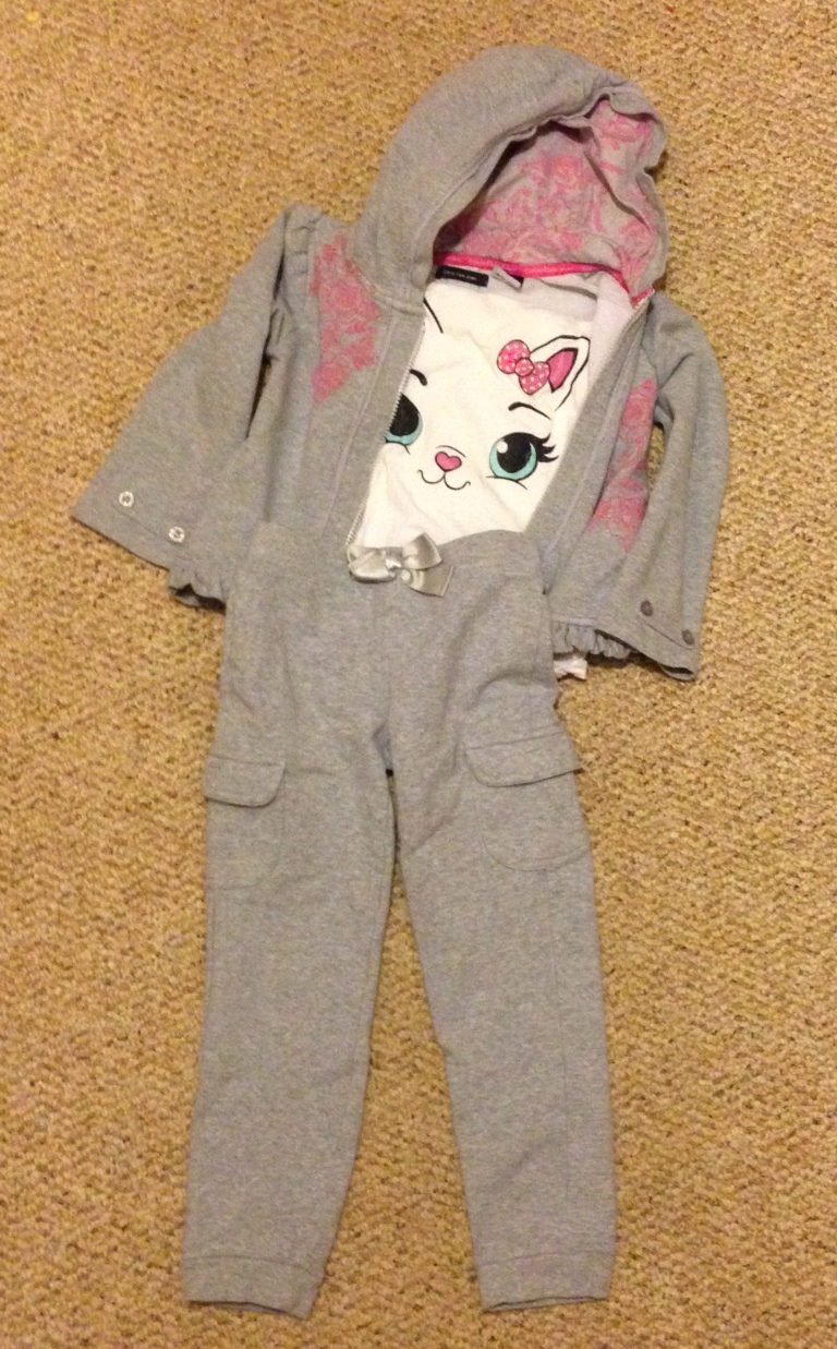 Gymboree pants, CK hoodie, 75 cent tee - she'll be perfectly happy in these thrifted threads!