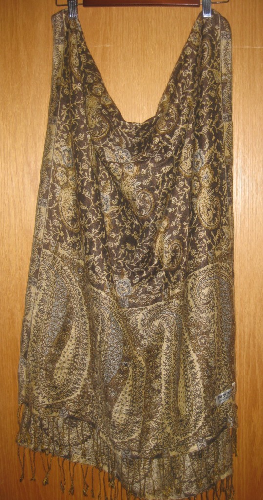Pashmina/silk scarf in mustardy-brown baroque-y wonderfulness for $5.  I can't wait to wear it with my grey wool coat! 