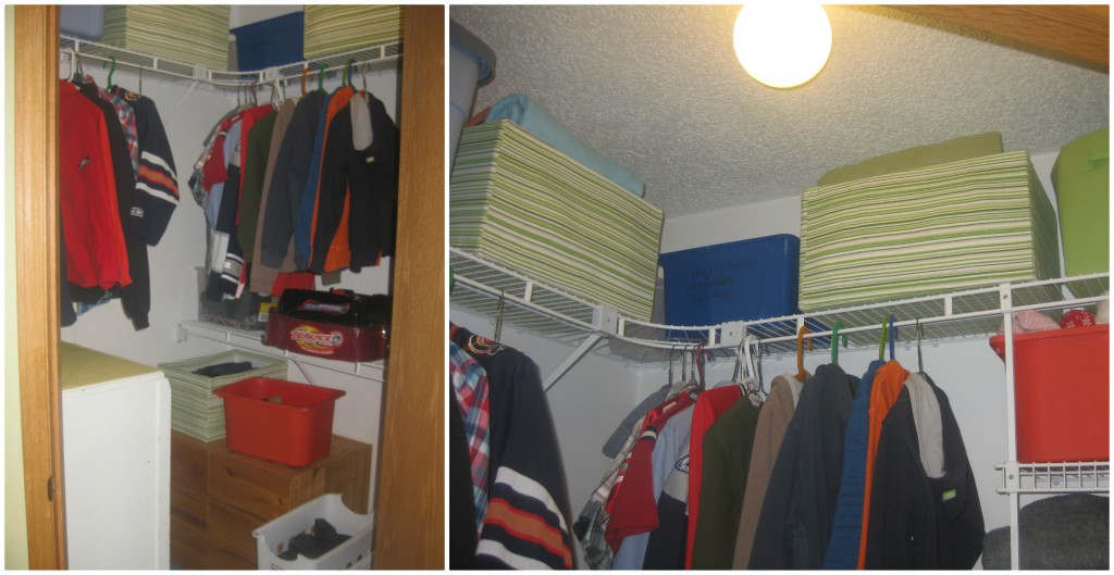 Tidy closet with a place for everything, including spare bedding, clothes to grow into.  