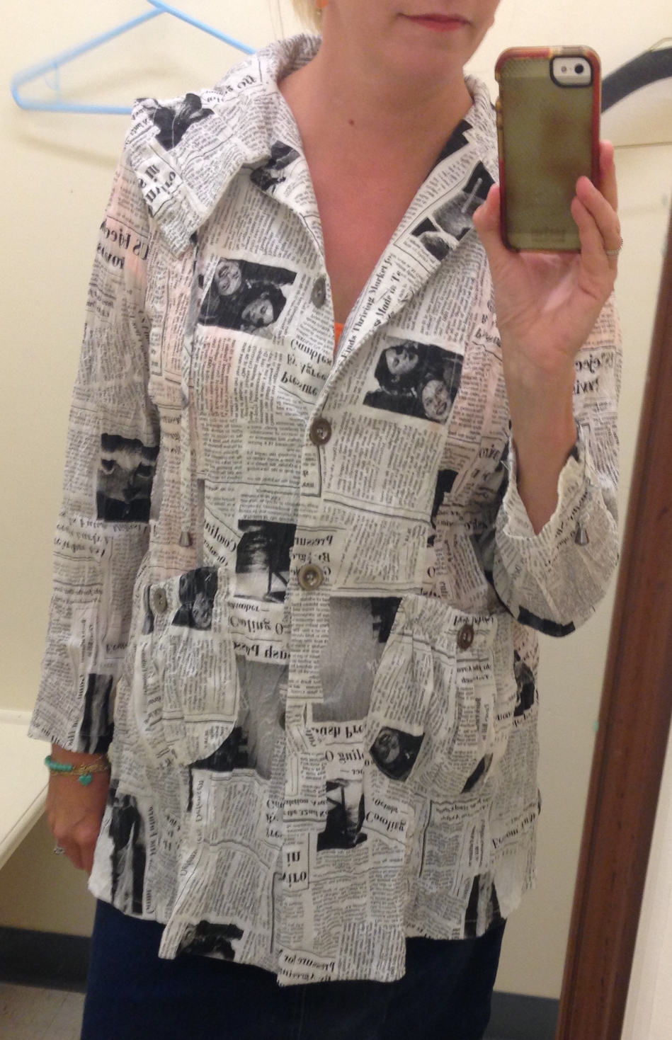 Have you ever seen a newspaper-print coat before?  Me neither, so for $6 this came home with me.
