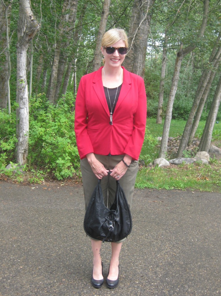 Ann Taylor capris $4.40, Kensie blazer $3.85, Cole Haan bag $8, Aldo leather pumps $14, black tee from my closet and She Does Create pendant and bracelet.