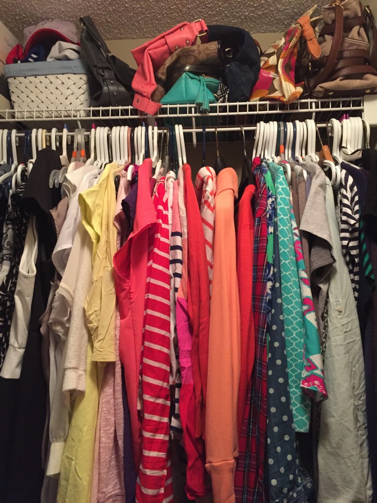 Dresses on the left, tops to the right and bags on top, accessible but not so crammed.