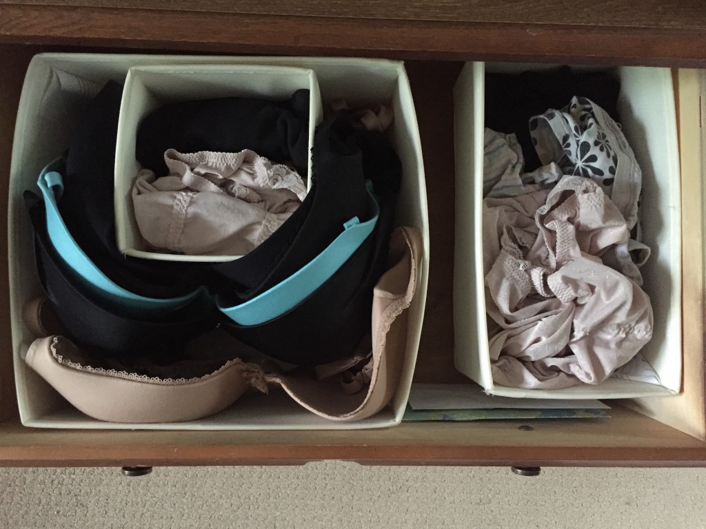 Same goes for undies - I'm not ready to fold them Konmari style, but I did weed them out and moved my bras into the drawer flanking my BIG panties that get their own section. I couldn't say they spark joy but they do a nice job of smoothing things out as one sometimes requires. Marie Kondo has the cutest video of her preparing an underwear drawer with her little bitty under-things. Just gonna say, if you're bras fit in an altoid tin, we are not in the same league.