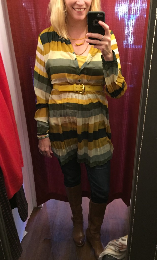 Fitting room selfie before I got started with a gifted thrifted Sandwich brand tunic.