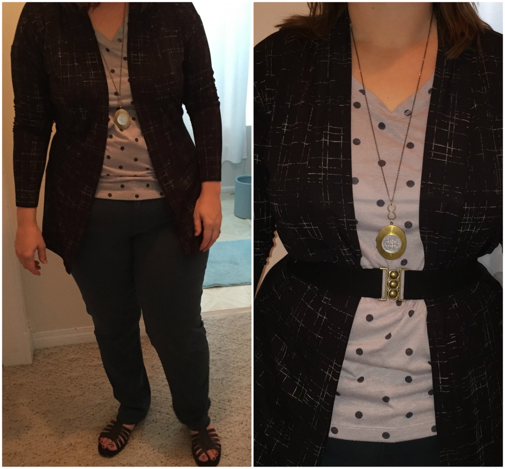 Belted cardis are not just for skirts and dresses! You can also add a belt at the waist with a pants-outfit. I *know* your pants don't come up that high even if you are a super fashionista! But the belt defines the waist and creates a longer leg line! #winning You also can leave space rather than buttoning your cardi at all. Looks cool!