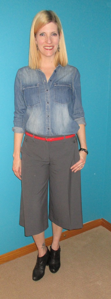 Chambray $4.20, Clarks boots $13, red belt $1.20
