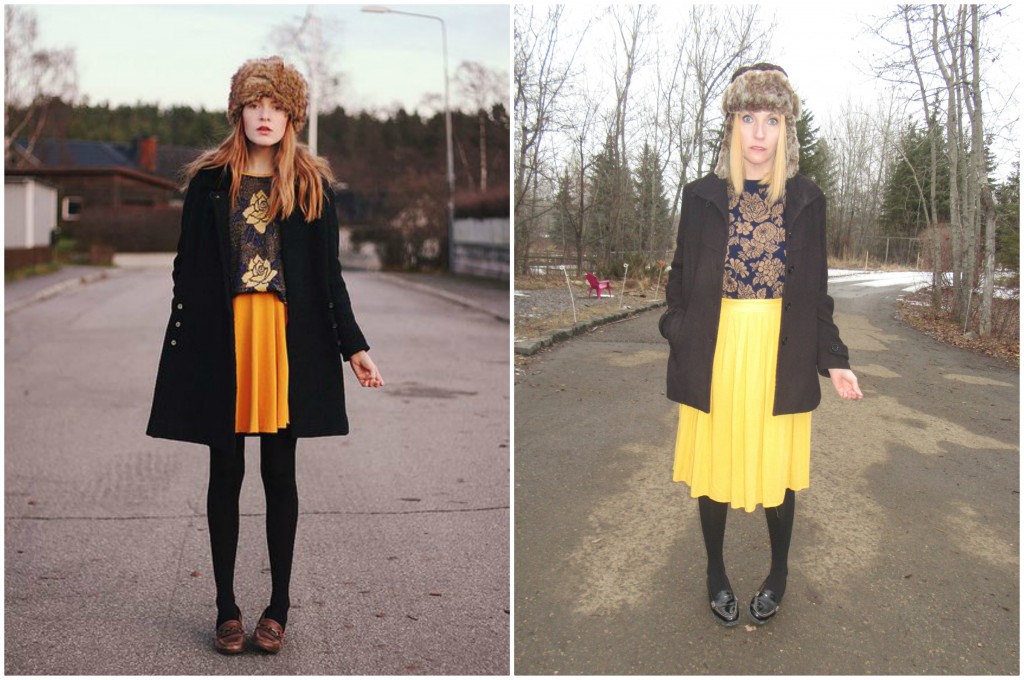 The best for last!  The vintage floral sweater from Goodwill was actually pretty cool but the hat, thrifted for a costume, is... incongruous.  Sperry's patent loafers $9.80, tights from my closet and black coat B.T.