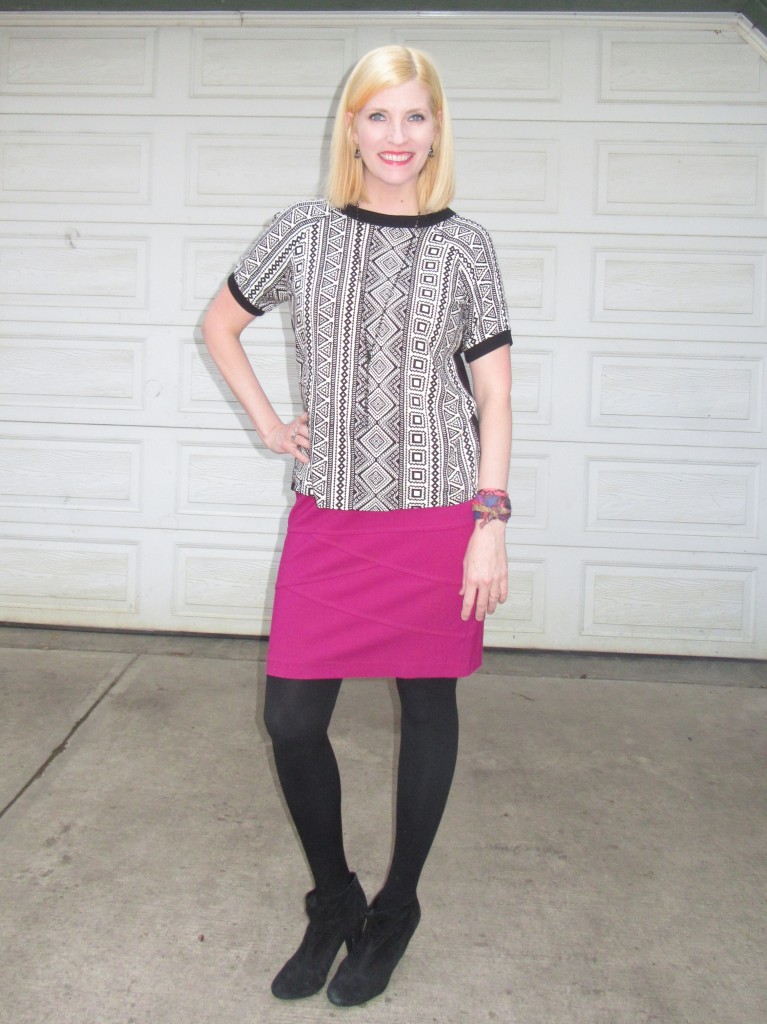 Top $3.50, pink skirt $7, BCBG suede ankle boots  $6.40, necklace and earrings are vintage Accessorize and tights from my closet because I woke up to a blanket of SNOW.