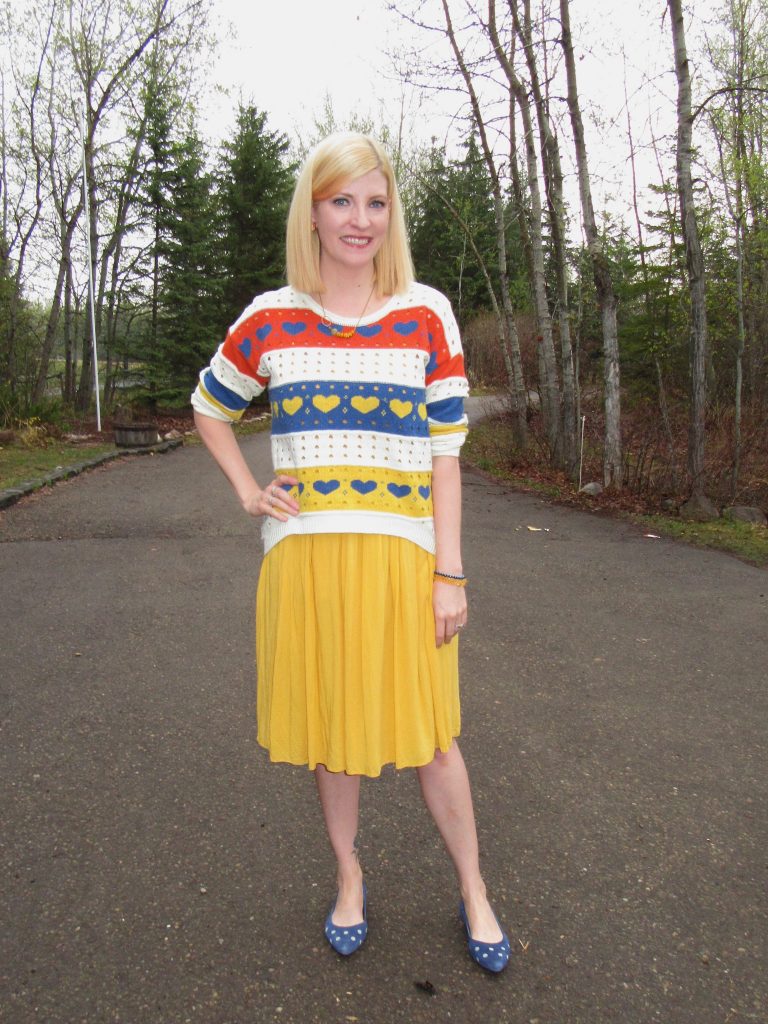 With my mustard skirt $8, Marc Art of Walking shoes $19 plus She Does Create accessories.