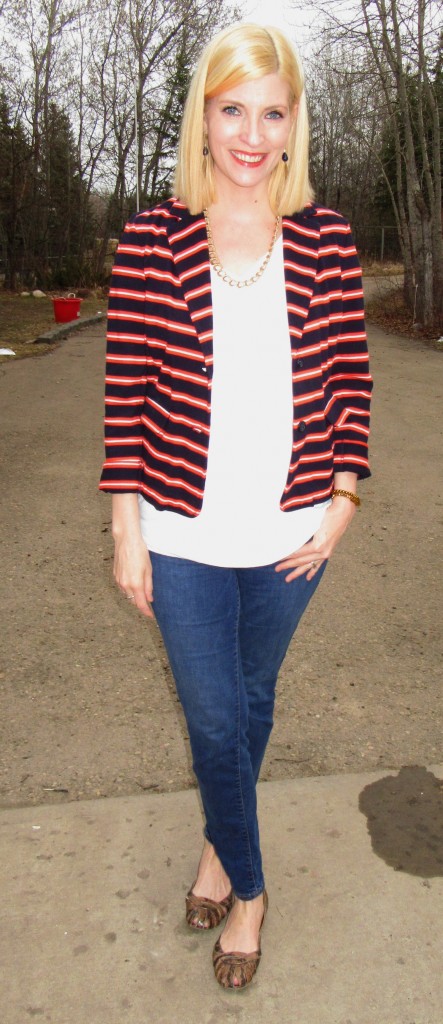 J Crew striped blazer $5.60, white tee $3.50, denim $4.90, shoes $3, vintage necklace $10 and She Does Create earrings.