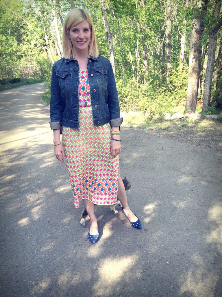 My thrifted OOTD - Everly dress $7.50, Marc Art of Walking shoes $19, denim jacket B.T. (Before Thrifting) and She Does Create accessories. 