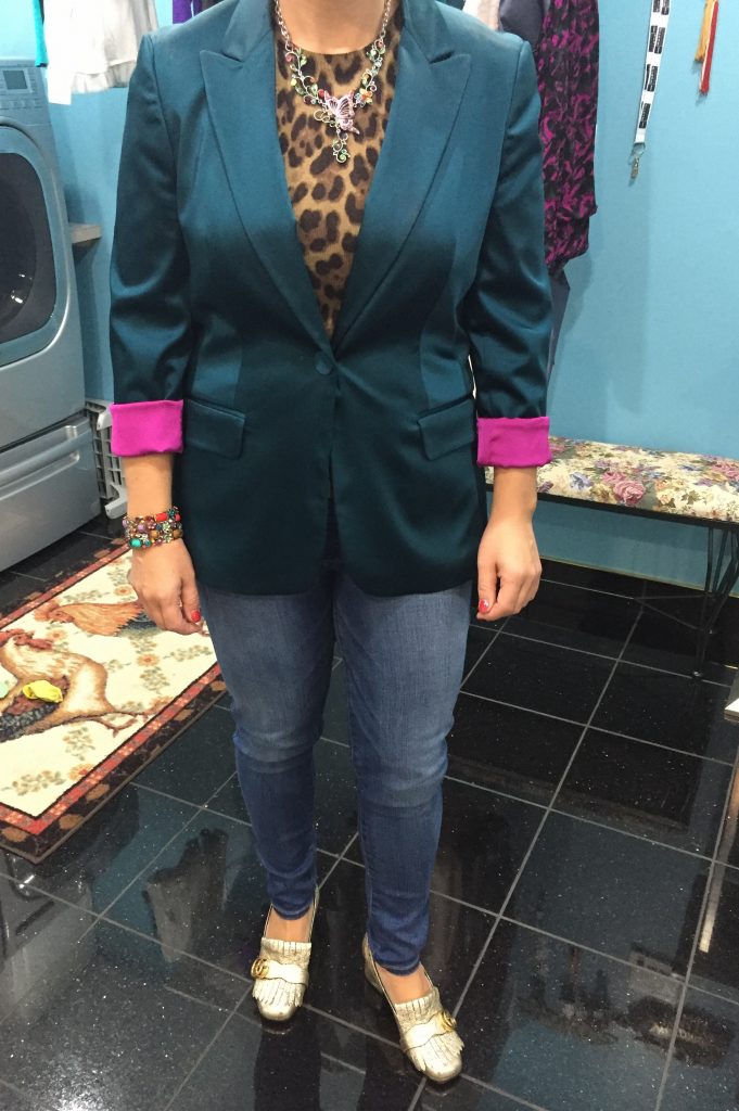 The leopard top also looks fab with her teal blazer and since it happens to have a jewel tone lining, why not cuff the sleeves (Tip #4 for adding a casual, younger vibe to your blazers) and 
