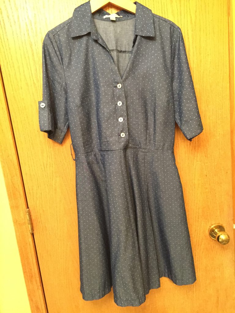 LOVE this Anthro-brand polka dot chambray dress for $3.50 from Goodwill!