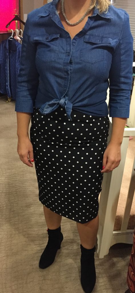 One last tricky piece - the polka dot pencil skirt! My first instinct is to tuck or knot a chambray! As for shoe selection, sure any black flat or heel would work, but I wanted to show Jaime Tip #12 - you CAN wear ankle boots with skirts. This is a great option for winter-dwellers like us! 
