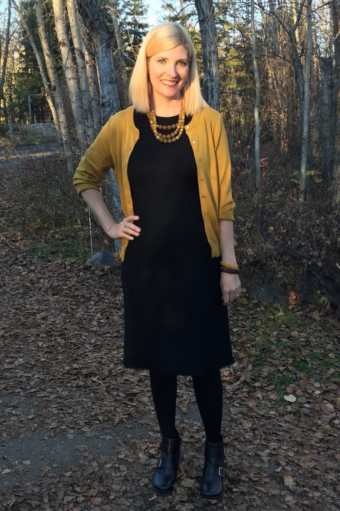$6 wool Theory dress thrifted from Hope Mission Bargain Shoppe worn with gifted but thrifted mustard cardi, $3 multistrand necklace and Miz Mooz booties from my Splurge.