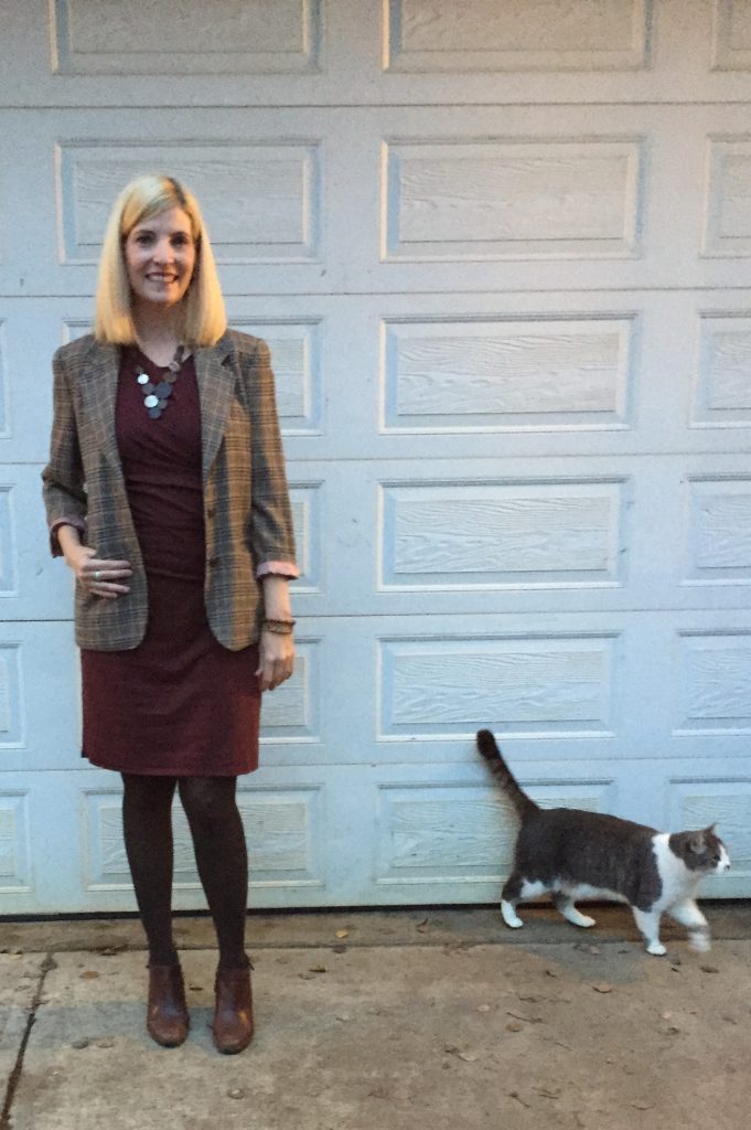 This time with a photo-bombing cat!  I wore my $11.90 Theory dress - a little pricey for thrift but so soft, comfy and forgiving and THEORY!!   Regular retail would be a couple hun at least.