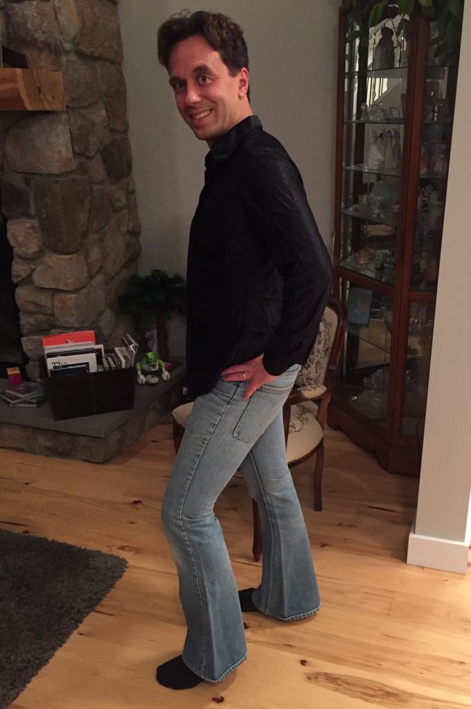Apparently, Jeremy wanted in on the lady-slacks action because later in the evening, he proved he can fit into his MIL's old flare jeans - the only one who could even get them up. Men and their slim hips!!
