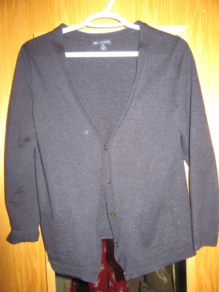 Another handmedown, this navy cardi has served me well but the fit is just "good." I'm keeping my out for something FAB!