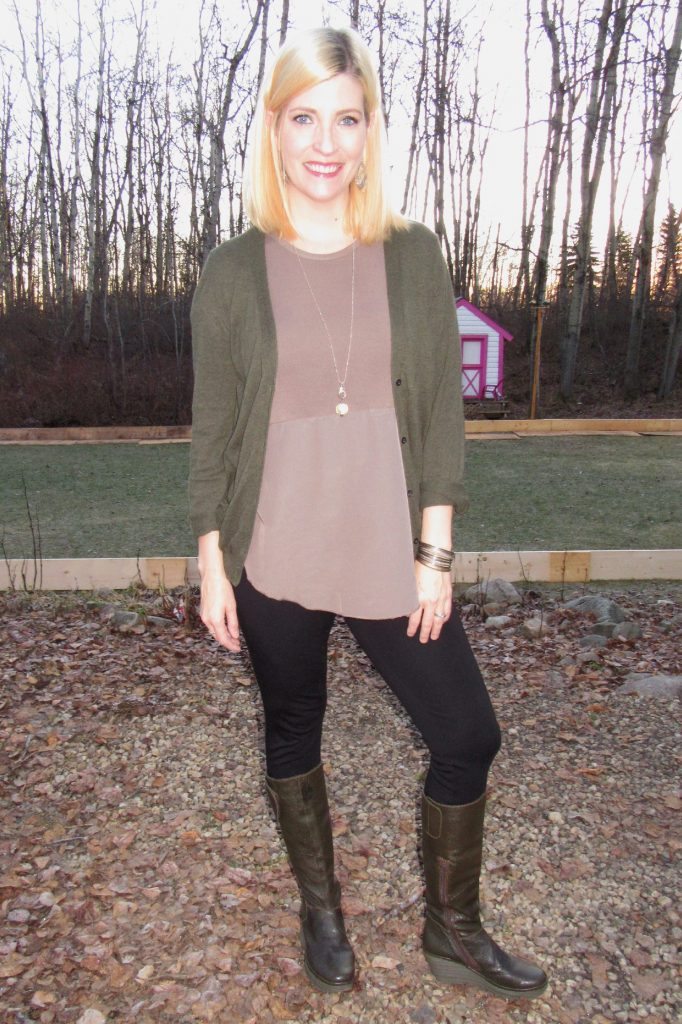Worn with my $8 Eileen Fisher leggings, $2 olive top and $3.50 olive cardi plus She Does Create accessories.