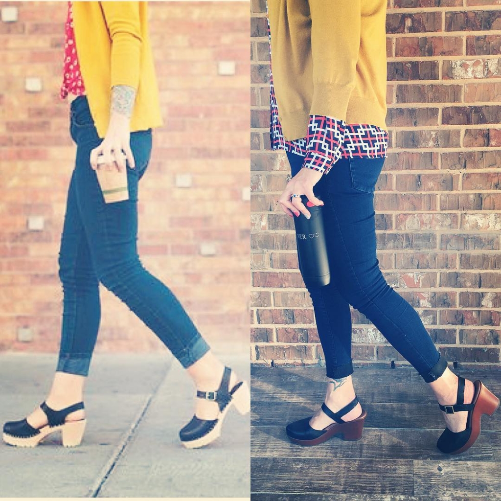 Girls with coffee*, clogs and mustard cardis!! (Note my reusable cup which may or may not hold coffee) I’m wearing $25 @freepeople jean leggings from @Poshmark, @korkease clogs $15 from KCM thrift store, @michaelkors blouse $9.10 from @valuevillage_thrift ages ago, and gifted but thrifted card