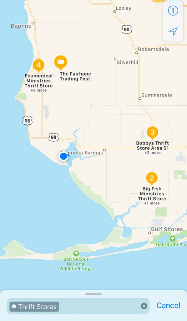Map View of a search for thrift shops