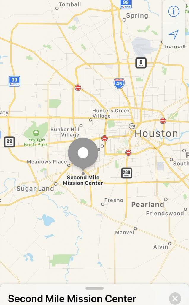 Map location of the Opportunity Shop at Second Mile Missions in Houston, TX